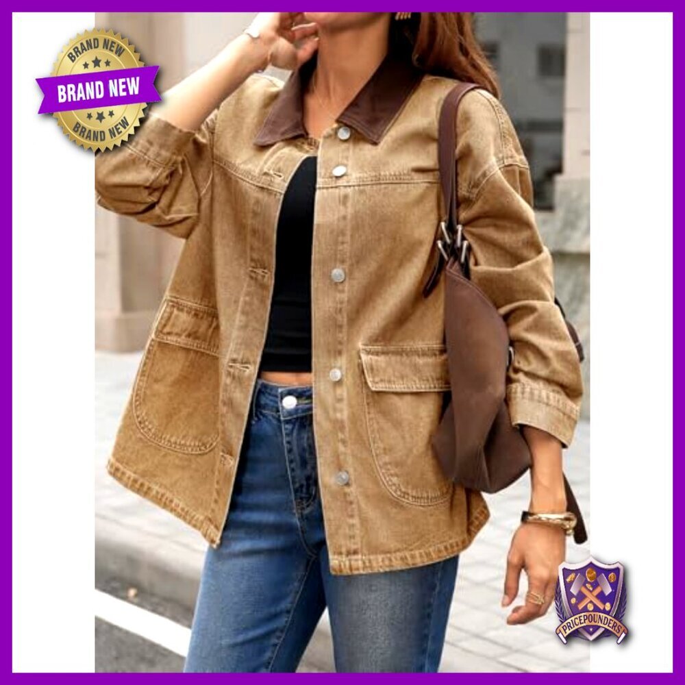 Oversized Denim Jacket Women's Casual Streetwear Y2K Chic Button Down with - Picture 5 of 6